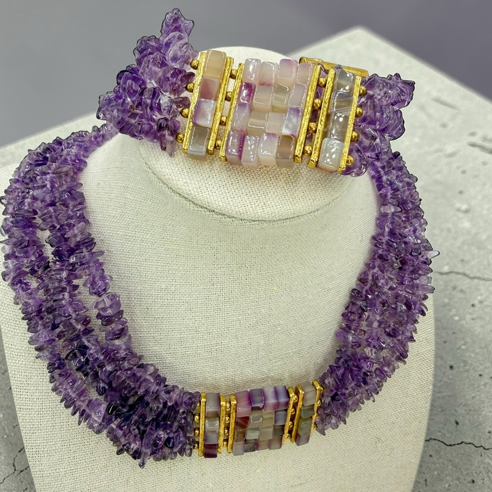 Amethyst Multi Strand Choker Necklace & Bracelet Set Mosaic Agate 161g Stunning - Picture 11 of 17